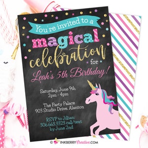 Unicorn Party Invitation Glitter Unicorn Invitation Pink Glitter Unicorn Party Chalkboard Printable, Instant Download, Editable, PDF image 1
