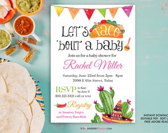 Taco Bout a Baby Shower Invitation - Taco, Cactus, Sombrero, Mexican Fiesta Taco, Couples, Coed Shower - Digital, Editable, Printable PDF