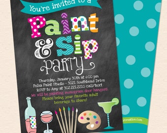 Paint & Sip Invitation, Painting Wine Party Invite, Craft Party, Chalkboard, Printable, Instant Download, Editable, PDF