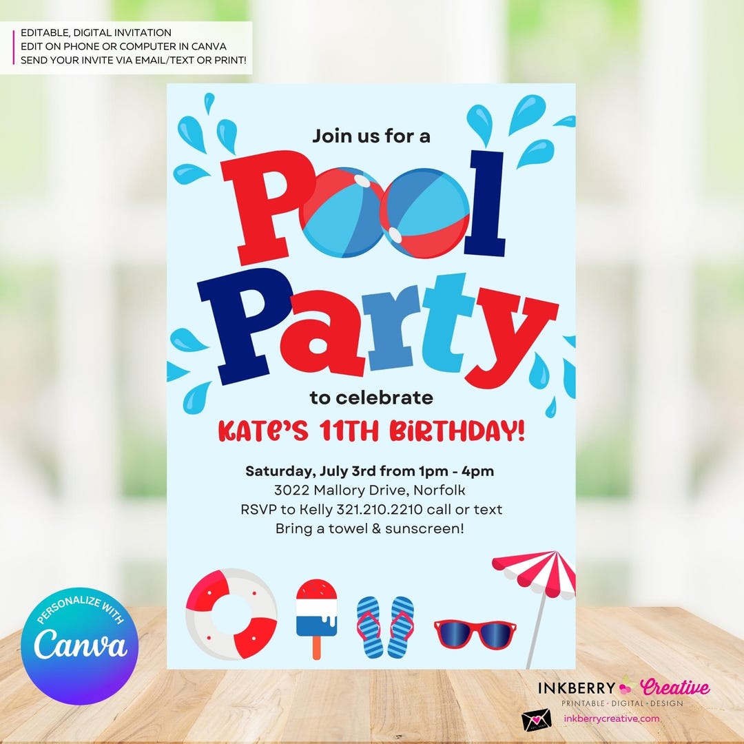 Pool Party Invitation - 4th of July, Patriotic, Red White and Blue ...