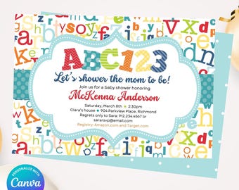 Alphabet Baby Shower Invitation, Alphabet Baby Shower Invite, ABC Baby Shower, ABC123, Printable, Digital, Instant Download, Edit in Canva