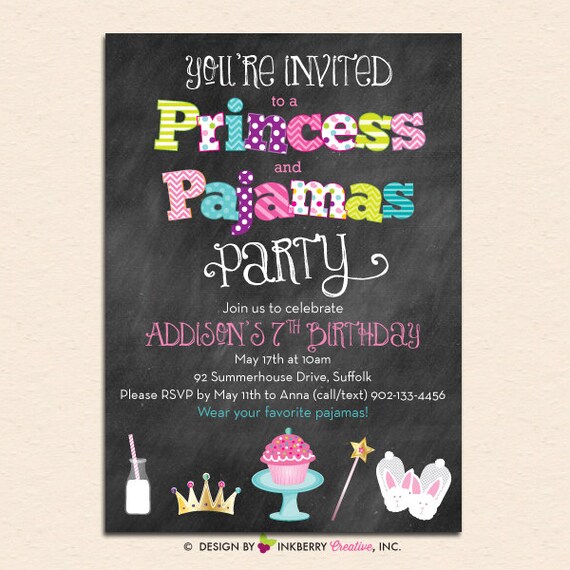 Princess and Pajamas Party Invitation - Chalkboard Style with Pillow, Milk Bottle, Princess Crown, Wand, Cupcake and Bunny Slippers Il_570xn