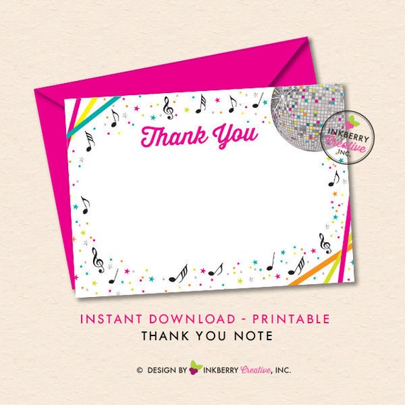 Dance Party Blank Thank You Note - INSTANT DOWNLOAD - Digital, Printable Files - Neon, Disco, Glow, Dance Birthday Party Thank You Note Il_570xn
