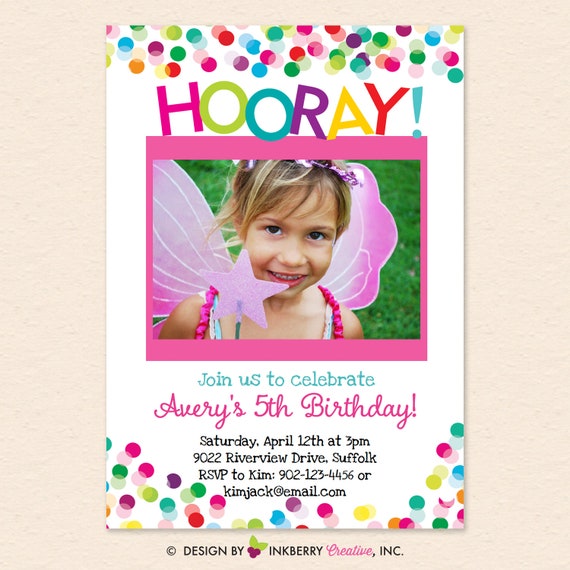 Hooray Colorful Confetti Photo Birthday Invitation (Digital, Printable File, Editable in Adobe Reader), Sprinkles, Instant Download Invite Il_570xn