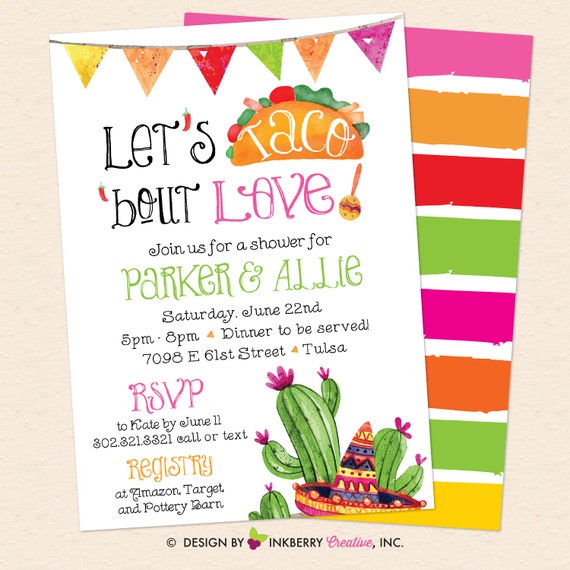 Taco Bout Love Bridal Shower Invitation - Taco, Cactus, Sombrero, Fiesta, Couples, Coed Shower - Digital File OR Cardstock Printed/Shipped Il_570xn
