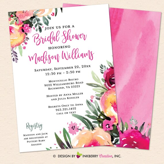 Bridal Shower Invitation - Bright Colorful Watercolor Floral Bridal Shower Invitation - (Digital File OR Cardstock Printed/Shipped) Il_570xn