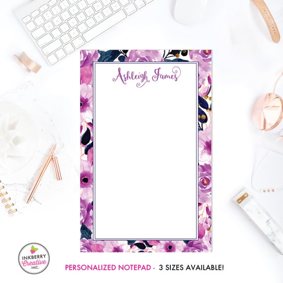 Personalized Notepad - Purple Navy Floral - 3 Sizes Available - Small, Medium or Large - Customized with name, monogram or colors Il_570xn