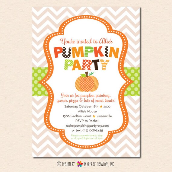 Chevron Halloween Pumpkin Party Invitation (Custom Designed, Digital, Printable File) Il_570xn