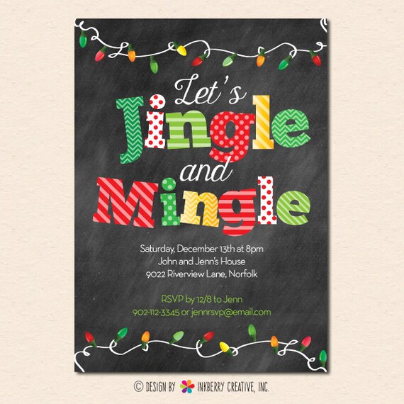 Jingle and Mingle Christmas Lights - Chalkboard Christmas / Holiday Party Invitation (Digital, Printable File OR Printed Cardstock Cards) Il_570xn