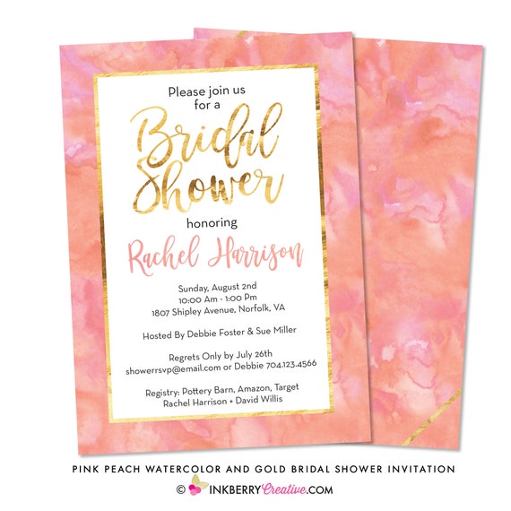 Watercolor Bridal Shower Invitation - Pink, Peach and Gold - Custom Colors, Bridal Luncheon, Champagne Brunch, Bridesmaid Brunch Il_570xn