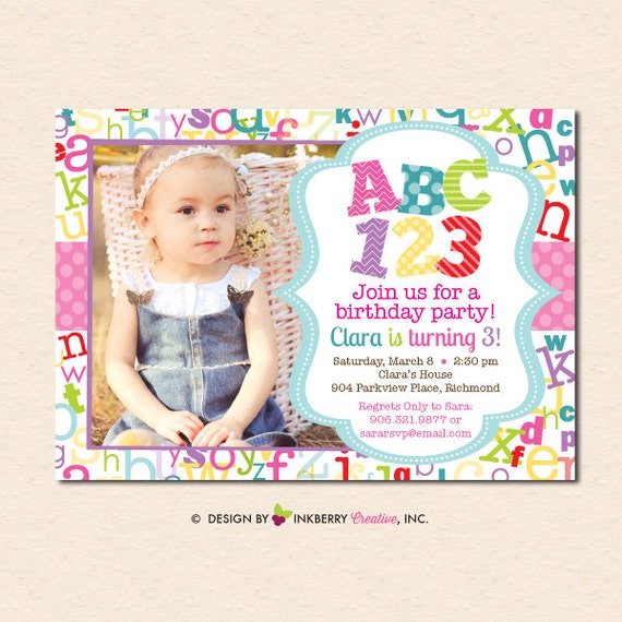 ABC123 - Girl's Alphabet Theme Birthday Party PHOTO Invitation (Digital, Printable File OR Printed Cardstock Cards) Il_570xn