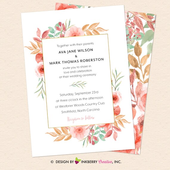 Beautiful Blooms - Watercolor Painted Floral Wedding Invitation - Instant Download, Editable PDF File - Edit in Adobe Reader - You Print Il_570xn