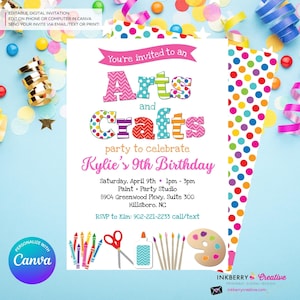 Arts and Crafts Birthday Party Invitation - Kids Arts Crafts Painting Party - Printable, Instant Download, Edit in Canva