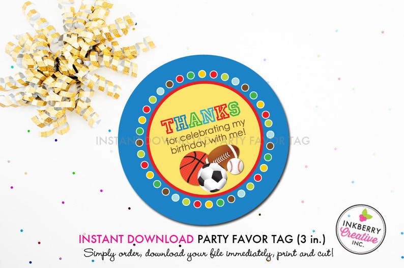 Sports Fan Football, Baseball, Soccer & Basketball Printable 3 inch Birthday Party Favor Tags Instant Download PDF File image 1