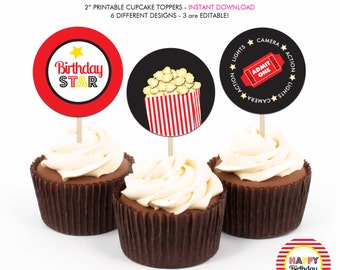 Filme und Popcorn Geburtstagsparty - Printable 2 Zoll runde Cupcake Toppers - Sofortiger Download PDF Datei
