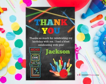 Game On - Arcade Games, Laser Tag, Bowling Birthday Party Thank You Card, Boys Arcade Game Party, Printable, Instant Download, Editable, PDF