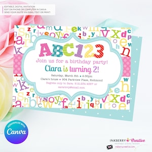 Alphabet Birthday Party Invitation Girls - Alphabet Theme Party Invite - Girl ABC Birthday Party - Personalize and Edit in Canva