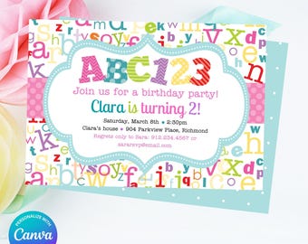Alphabet Birthday Party Invitation Girls - Alphabet Theme Party Invite - Girl ABC Birthday Party - Personalize and Edit in Canva