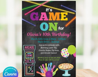 Game On - Arcade Games, Laser Tag, Pizza, Bowling Birthday Party Invitation, Girls Arcade Party, Printable, Instant Download, Edit in Canva