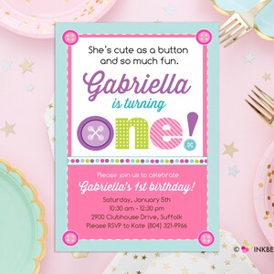 Cute as a Button First 1st Birthday Party Invitation - Girls First 1st Birthday Button Invite  - Printable, Instant Download, Editable, PDF