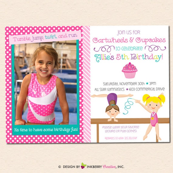 Girl's Gymnastics Birthday Party Photo Invitation - Cartwheels & Cupcakes -(Digital, Printable File OR Printed Cardstock Cards) Il_570xn