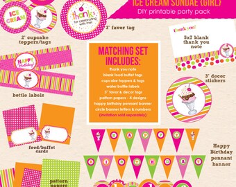 Sprinkles On Top - Ice Cream Sundae (Pink & Orange) Birthday - DIY Printable Party Pack- Instant Download PDF File