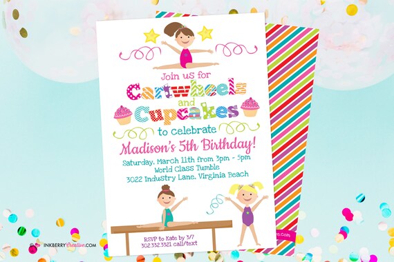 Gymnastics Invitation - Gymnastics Invite - Cartwheels Cupcakes - Girls Gymnastics Birthday - Printable Instant Download Editable PDF Il_570xn