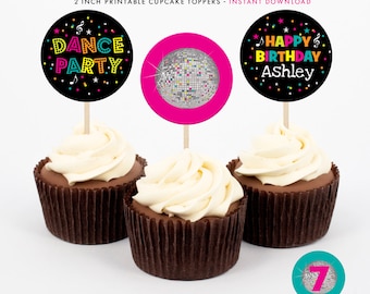 Neon Dance Party - Disco Ball Dance Birthday Party - Printable 2 inch round Cupcake Toppers - Instant Download PDF File