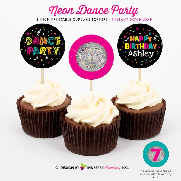 Neon Dance Party - Disco Ball Dance Birthday Party - Printable 2 inch round Cupcake Toppers - Instant Download PDF File