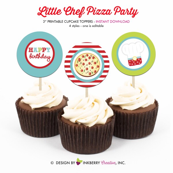 Little Chef Pizza Birthday Party - Printable 2 inch round Cupcake Toppers - Instant Download PDF File