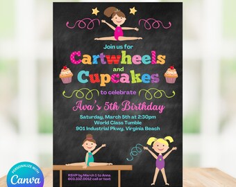 May include: A chalkboard style invitation for a girl's 5th birthday party. The invitation features a colorful illustration of a girl doing a cartwheel and cupcakes. The text reads "Join us for Cartwheels and Cupcakes to celebrate Ava's 5th Birthday". The party is at World Class Tumble on Saturday, March 5th at 2:30pm. The address is 901 Industrial Pkwy, Virginia Beach. RSVP by March 1 to Anna at 603.332.0012.