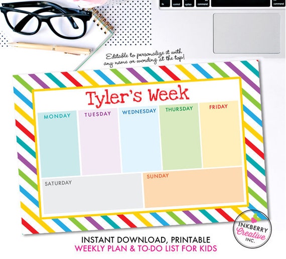 Printable Kids Weekly Planner and To Do List - Instant Download, PDF, Printable Daily Weekly Planner for Kids - Homework, School, Chores Il_570xn