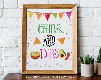 Printable Chips and Dips Sign, DIY Fiesta Bridal Shower, Baby Shower, Printable Signs, 8x10 PDF Instant Download, Chips & Dip, Digital File