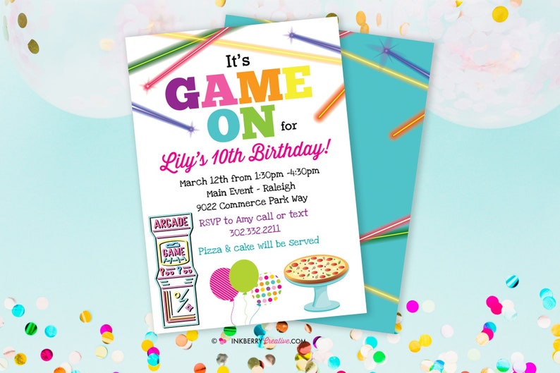 Game On Arcade Games, Pizza Birthday Party Invitation Girls Arcade Game Pizza Party Printable, Instant Download, Editable, PDF image 1