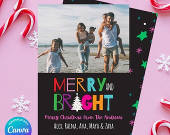 Modern Merry and Bright Photo Christmas Card, Colorful Family Holiday Photo Card, Email Christmas Card, Editable in Canva