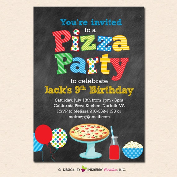 Pizza Party Invitation (Primary Colors) - Chalkboard, Pizza, Popcorn, Balloons (Digital, Printable File OR Printed Cardstock Cards) Il_570xn