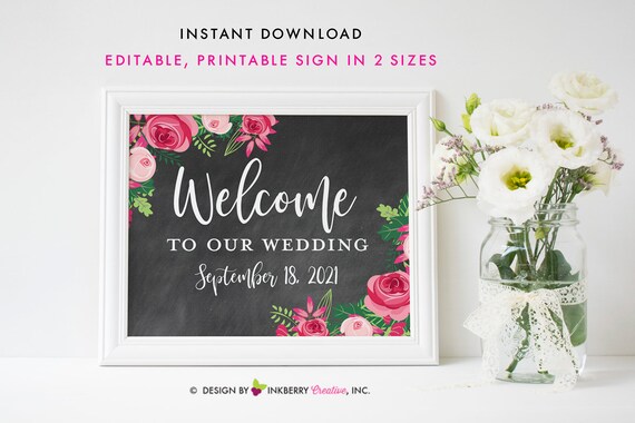 Printable Welcome Wedding Sign - 8x10 and 5x7 - Chalkboard Style, Pink Rose Floral - INSTANT DOWNLOAD - Print Yourself - Editable PDF Files Il_570xn