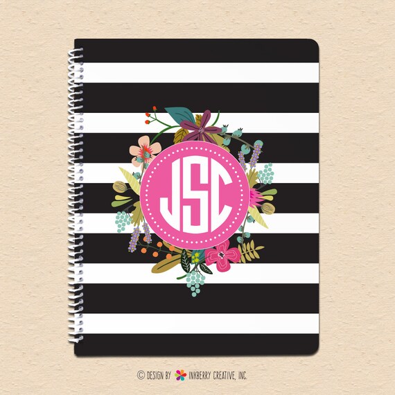 Black White Stripes & Floral Monogram - Personalized, Custom Spiral Notebook Il_570xn