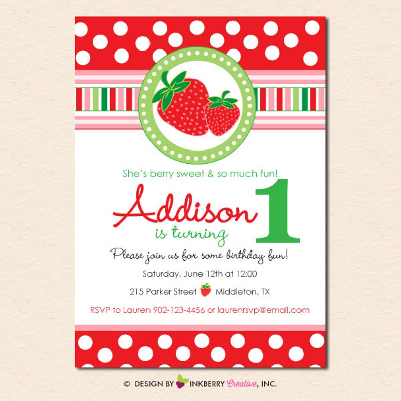 Sweet Strawberry Birthday Party Invitation Digital