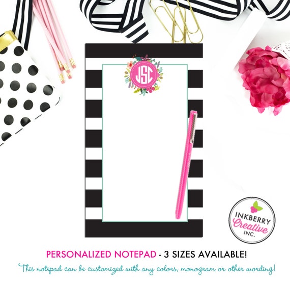 Personalized Notepad - Black White Stripe Floral - 3 Sizes Available - Small, Medium or Large - Customized with name, monogram or colors Il_570xn