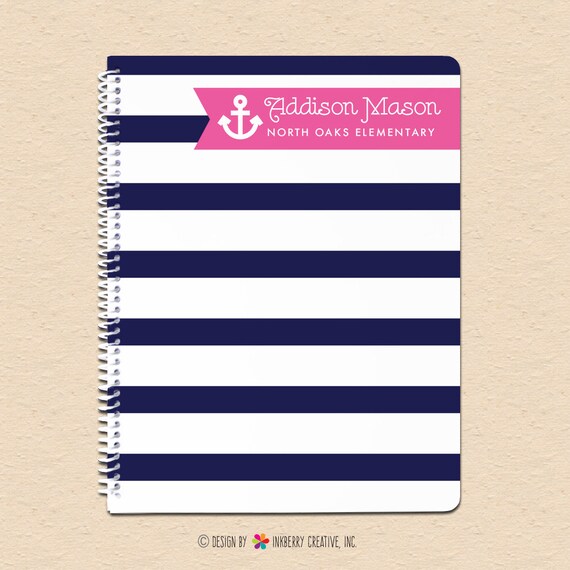 Navy & Pink Girl's Nautical Stripe - Personalized, Custom Spiral Notebook Il_570xn