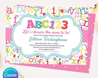 May include: A baby shower invitation with a colorful alphabet background and a pink and white polka dot border. The invitation features the text "ABC123" and "Let's shower the mom to be!" with event details. The invitation is editable in Canva.