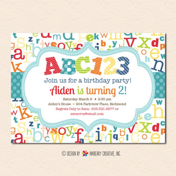 ABC123 - Alphabet Theme Birthday Party Invitation (Aqua Red Green) (Digital, Printable File OR Printed Cardstock Cards) Il_570xn