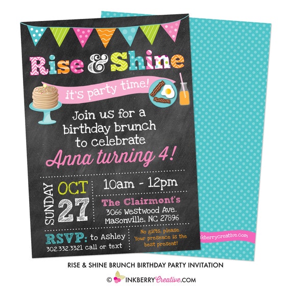 Rise and Shine - Kids Birthday Breakfast Brunch Party Invitation - Pancakes, Bacon, Eggs, Orange Juice - Digital File OR Printed Cardstock Il_570xn