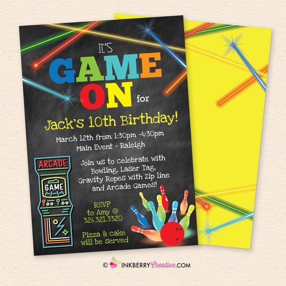 Game On - Arcade Games, Laser Tag, Bowling Birthday Party Invitation - Boys Arcade Game Party - Printable, Instant Download, Editable, PDF Il_570xn