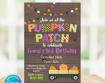 May include: A digital birthday invitation on a brown wood-plank background featuring colorful patterned letters that read Join us at the PUMPKIN PATCH to celebrate Emma's 3rd Birthday, October 14th, 12pm-2pm, with a green wagon carrying orange pumpkins.