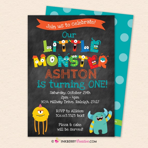 Little Monster Birthday Party Invitation - Cute Funny Chalkboard Kids Monster Party Invite - Printable, Instant Download, Editable, PDF Il_570xn