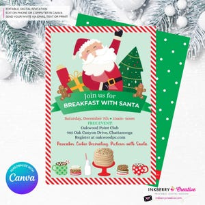 Invito per la festa di Natale con colazione a Babbo Natale - Colazione per bambini con Babbo Natale, pancake, biscotti, latte, file digitale, personalizza e modifica in Canva