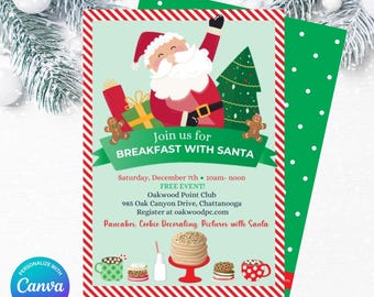 Frukost med jultomten julfestinbjudan - Barnfrukost med jultomten, pannkakor, kakor, mjölk, digital fil, anpassa och redigera i Canva