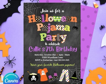 Halloween Pajama Party Invitation Chalkboard Editable in Canva